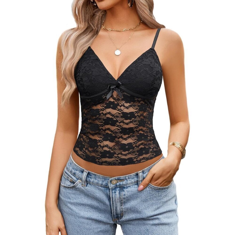 ✨Women Black Lace Tops V Neck Camisole Top Sleeveless Crop Tank Outfits Trendy